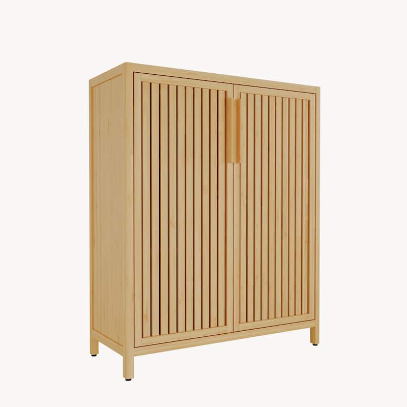 Narrow Freestanding Accent Cabinet Bathroom High Cabinet, Bamboo Storage Cabinet with Doors and Open Shelves