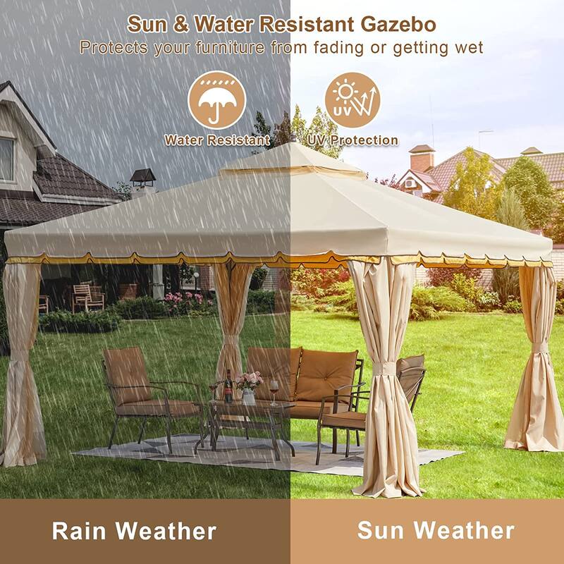 EROMMY Outdoor Canopy Gazebo Double Roof Patio Gazebo with Soft Top, includes Curtains