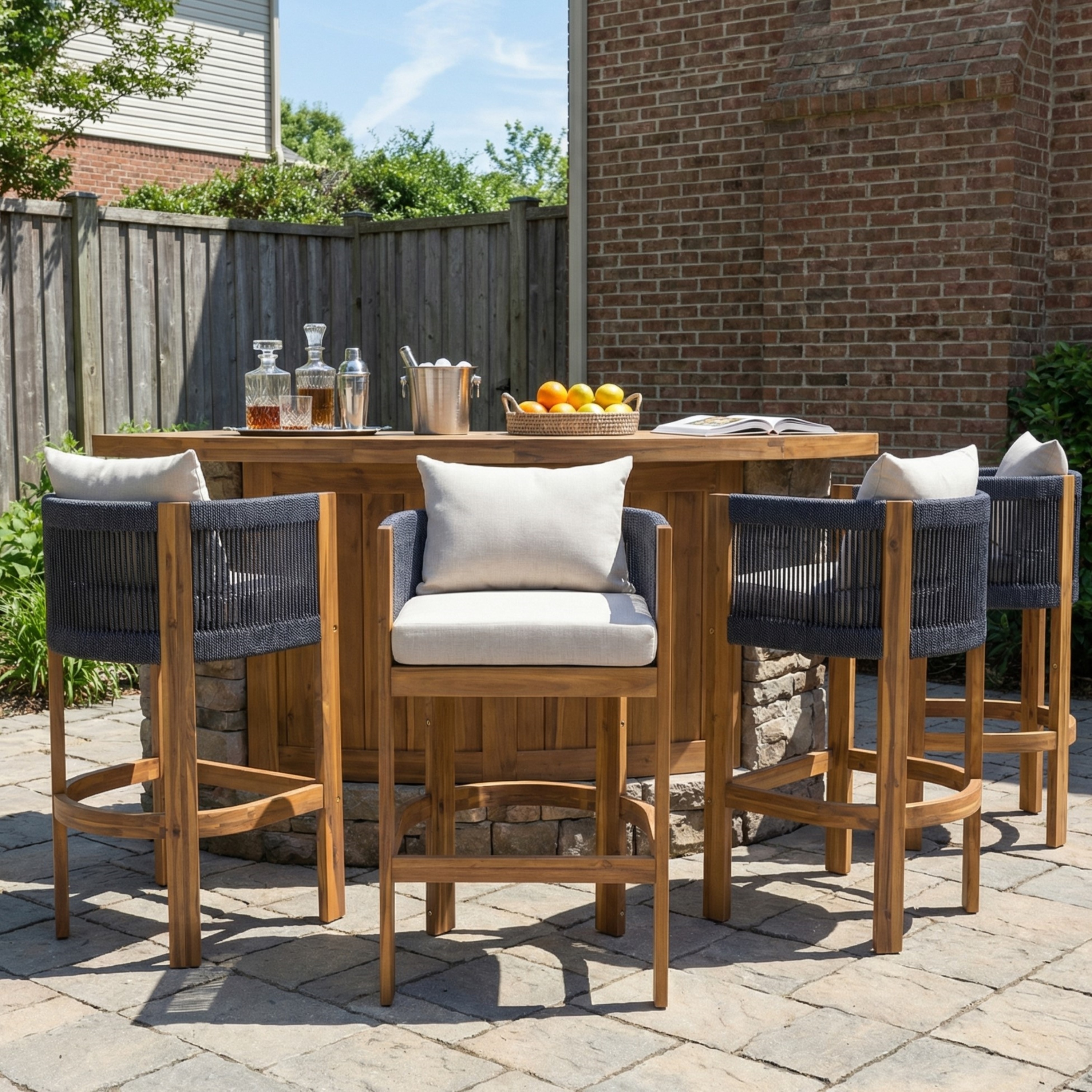 Christopher Knight Home - Martinez Outdoor Acacia Wood Barstools With Rope Armrests