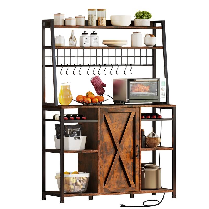 Moasis 5-Tier Kitchen Bakers Rack with Power Outlets USB Ports, Microwave Stand with Door and Shelves - Brown