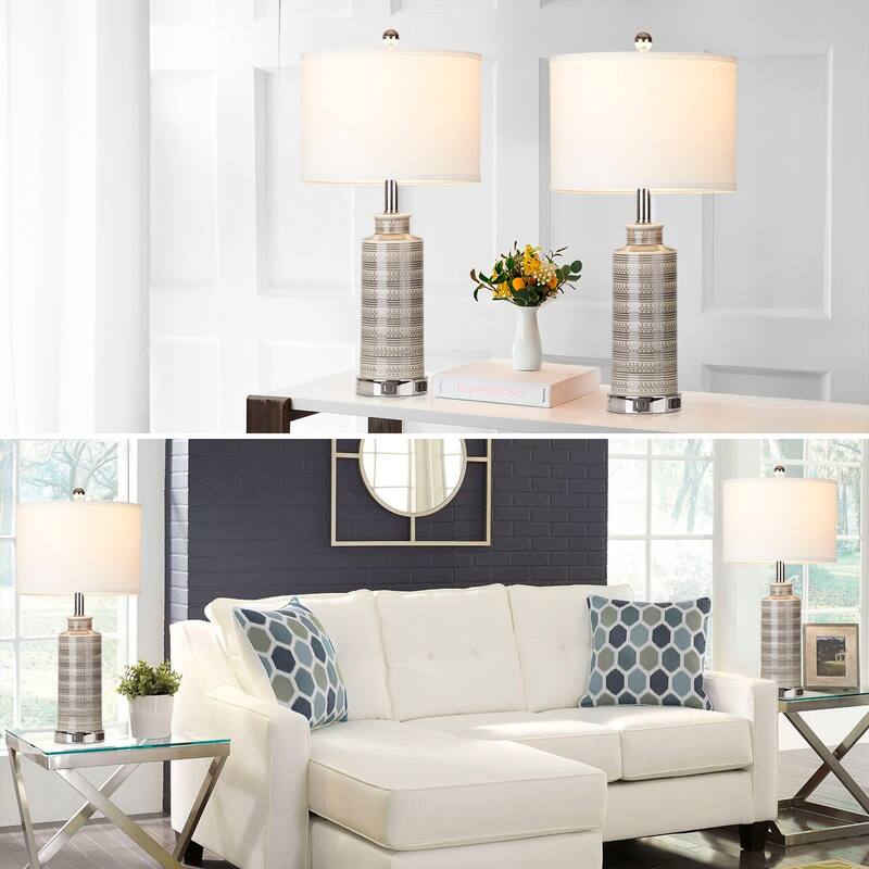 25'' Gray Ceramic Table Lamp with USB & Type-C Ports, 3-Stage Touch Switch (Set of 2) - 12.5'' x 12.5'' x 25''