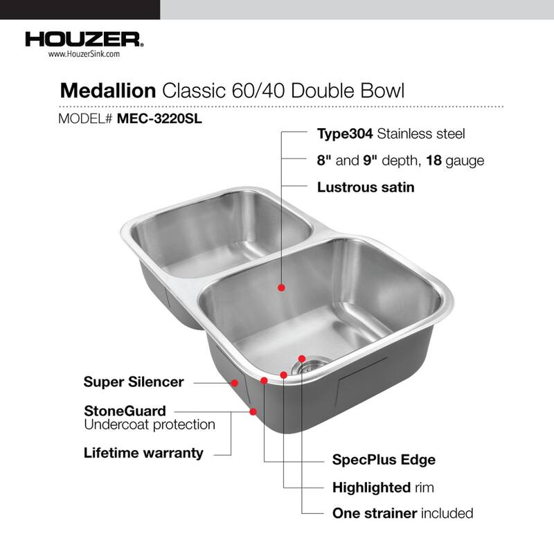 Houzer Medallion 32" Stainless Steel Undermount 60/40 Double Bowl Kitchen Sink with Strainer - Left Bowl