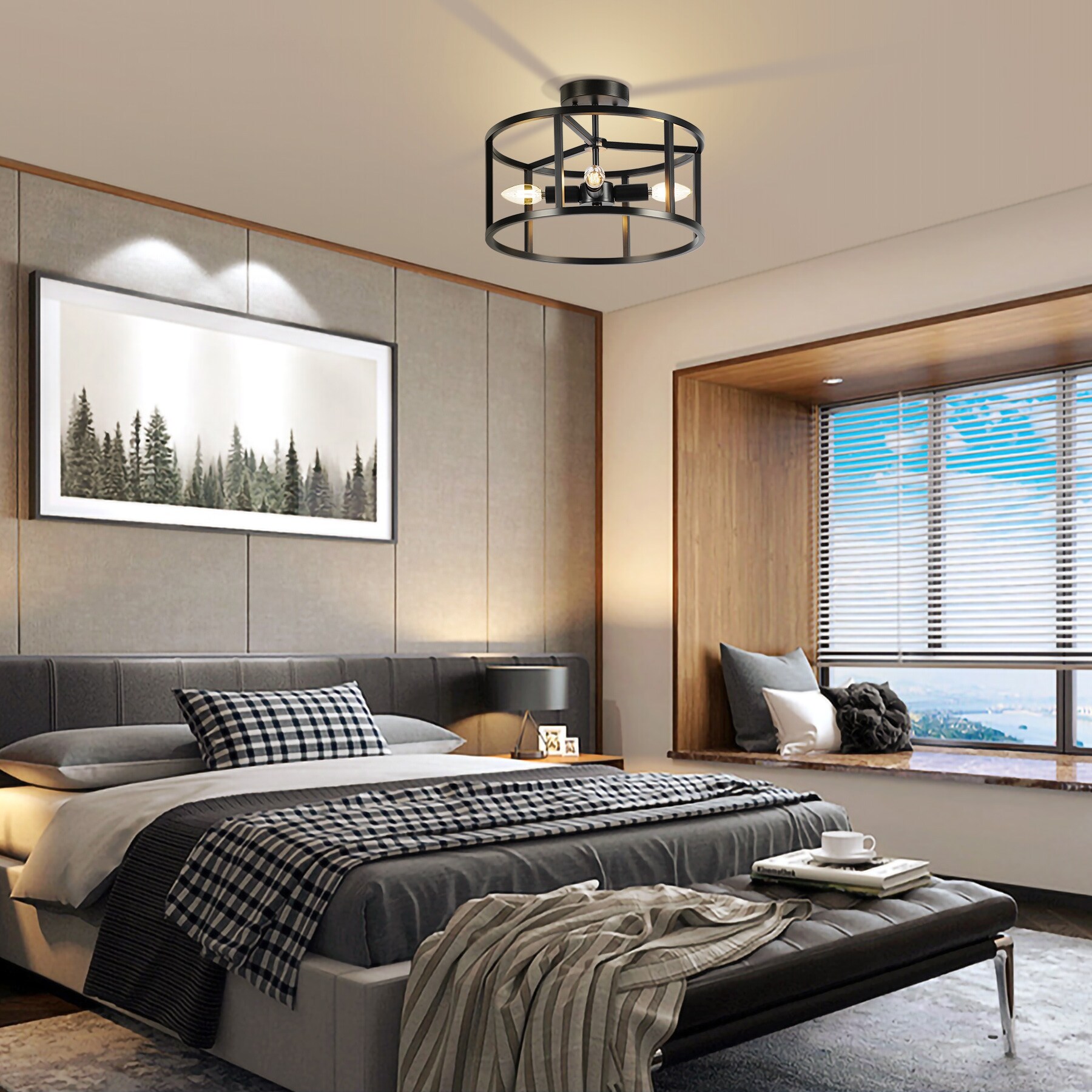 4 Light 15 Black Drum Caged Semi Flush Mount Lights Modern Vintage Ceiling Light Bed Bath Beyond 35534302