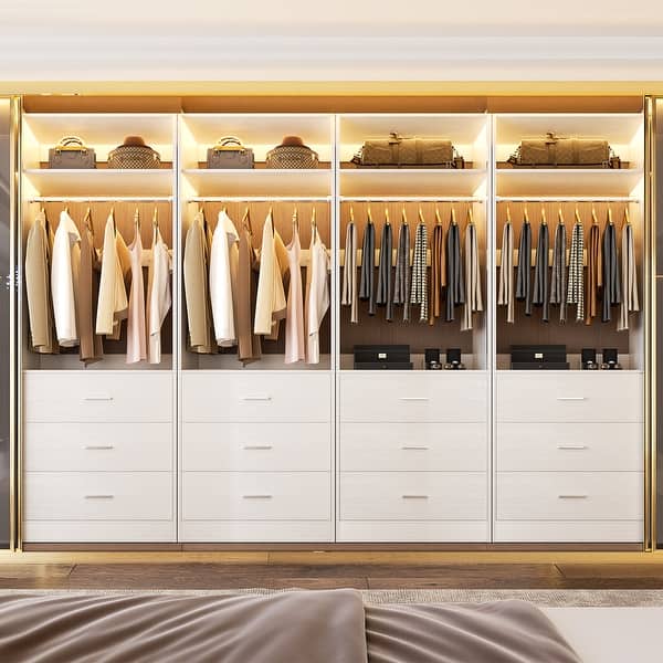 slide 2 of 52, Kyrvo Freestanding Closet System with 3 Wooden Drawers and Hanging Rod and Storage Shelf, Walk-in Closet Organizer Wardrobe Set of 4 - White