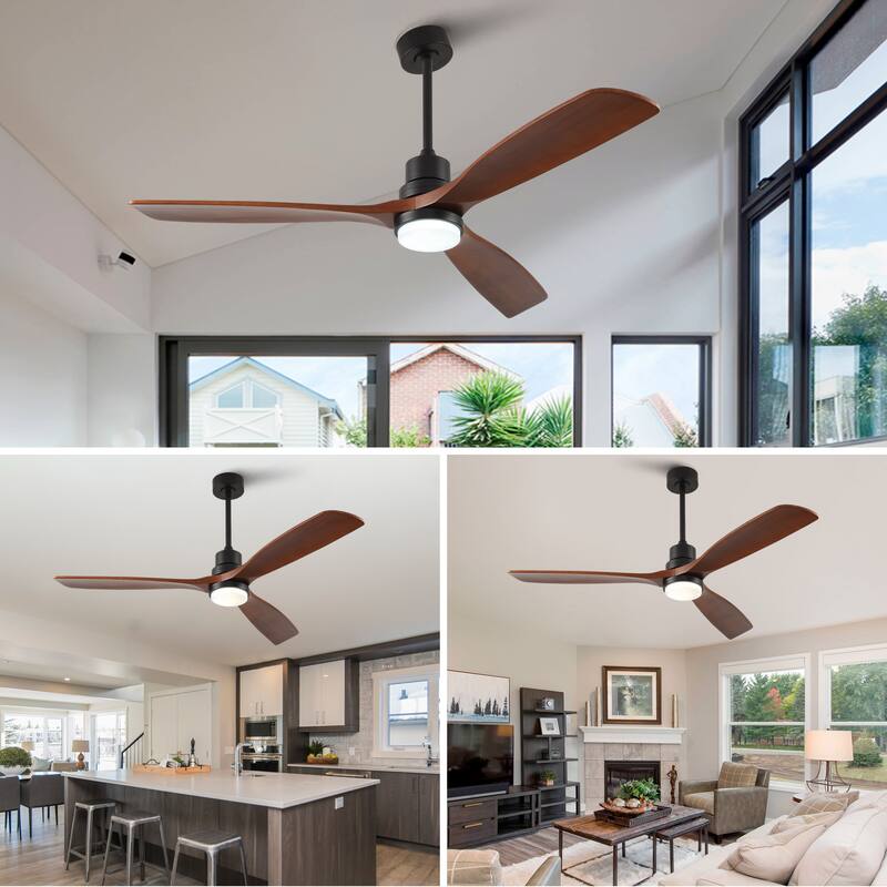 60 Inch Modern Ceiling Fan With 3 Color Dimmable 3 Solide Wood Blades Remote Control Reversible DC Motor With Led Light
