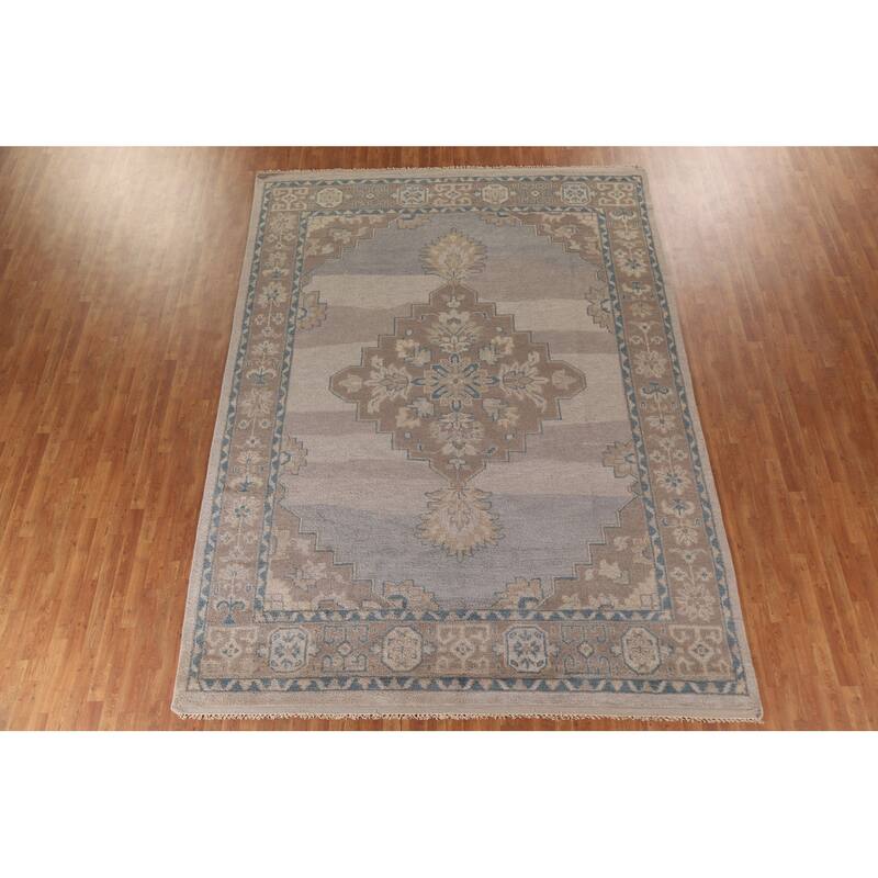 Geometric Oushak Oriental Area Rug Handmade Wool Carpet - 9'0"x 11'11"