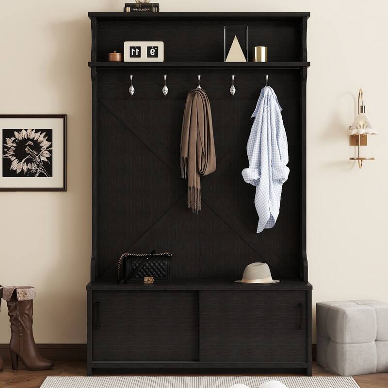 47.2"W Hall Tree Entryway Bench with Coat Rack with 5 Hanging Hooks and Shoe Cabinet
