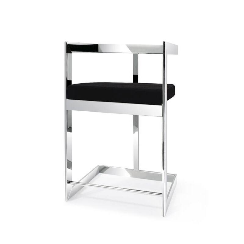 HomeRoots 30" Black and Silver Velvet and Stainless Steel Low Back Bar Height Bar Chair