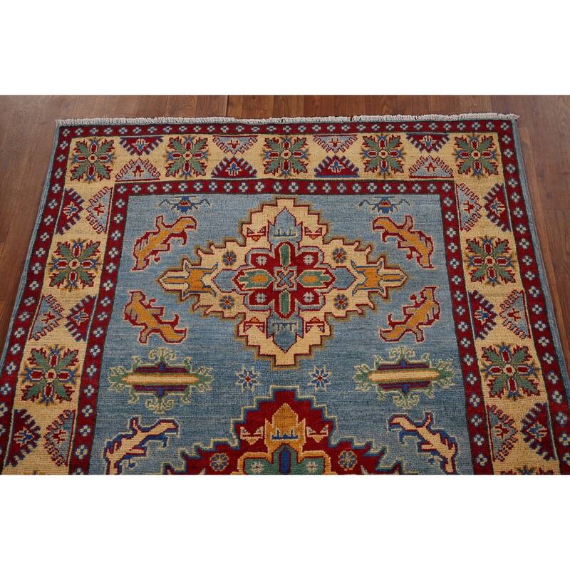 Light Blue Kazak Oriental Area Rug Handmade Geometric Wool Carpet - 3'11" x 5'10"