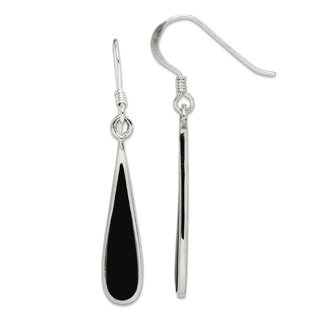 Curata 925 Sterling Silver 41x6mm Black Onyx Teardrop Dangle Hook Earrings