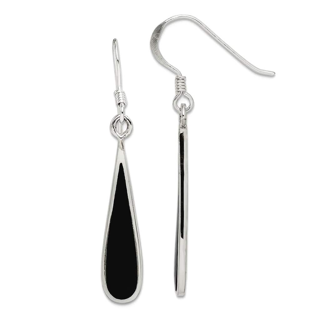 Curata 925 Sterling Silver Black Onyx Teardrop Dangle Hook Earrings - 41x6mm