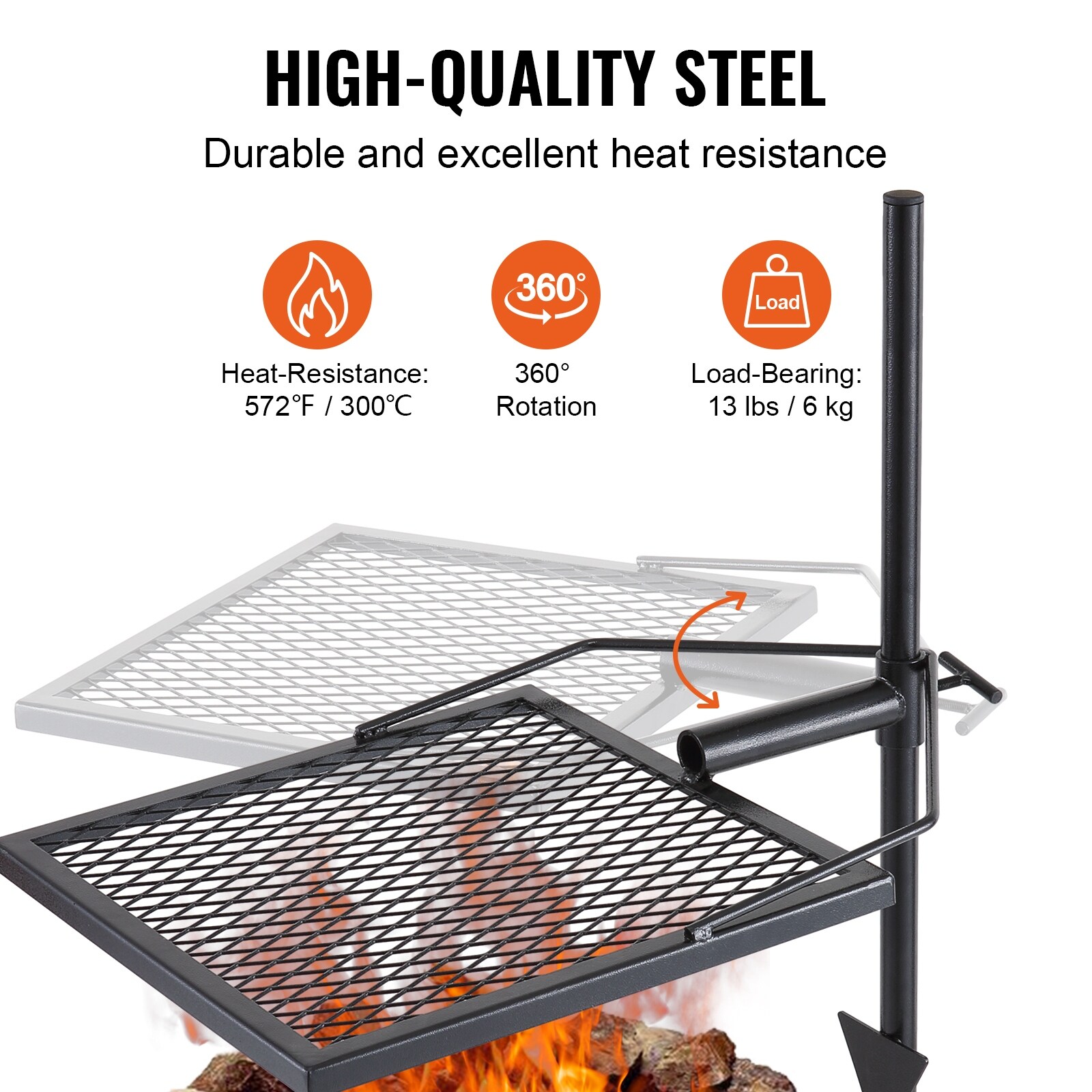 Grill Grate 24 in. x 24 in. Single Layer Open Fire Heavy-Duty Steel  Campfire Swivel Grill with Heat Dissipation Handle