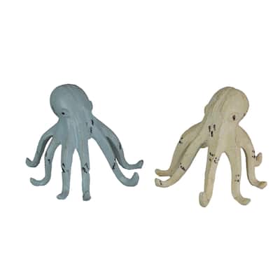 Light Blue And White Cast Iron Octopus Tabletop Statues (Set Of 2) - 4.25 X 5.25 X 5.75 inches
