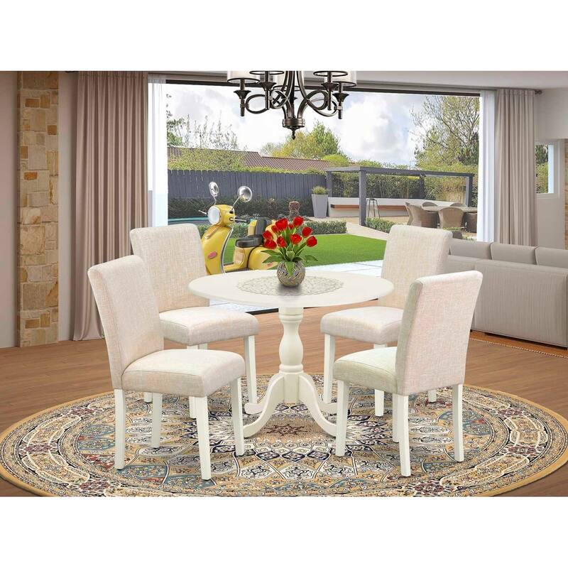 HomeStock 5-Pc Linen White Finish Solid Wood Top Dining table with 4 Chairs with Drop Leaf