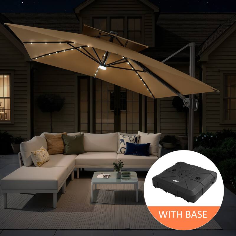 12 x 9 FT Outdoor Patio Aluminum Cantilever Umbrella with Solar Lights Double Canopy with Wheel Base - Tan
