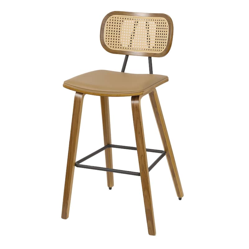 26-inch Wood Counter Height Bar Stools with Rattan Back - Single - Brown PU-natural frame
