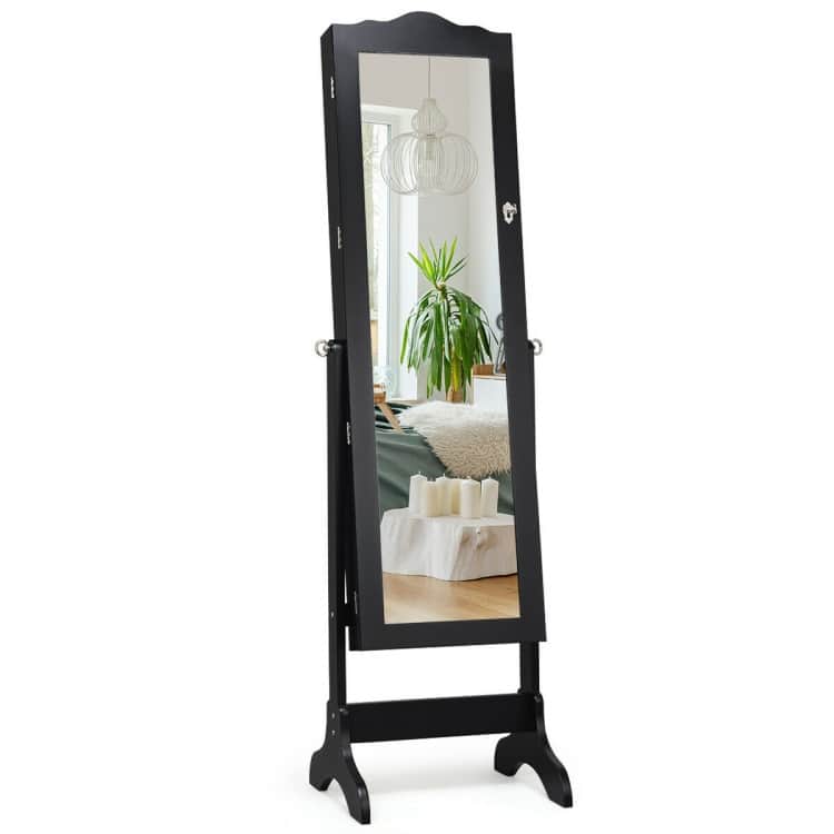 New Jewelry Cabinet Mirrored Armoire Mirror Organizer Storage Box Ring with Stand - 18" x 14.5" x 57" - Black