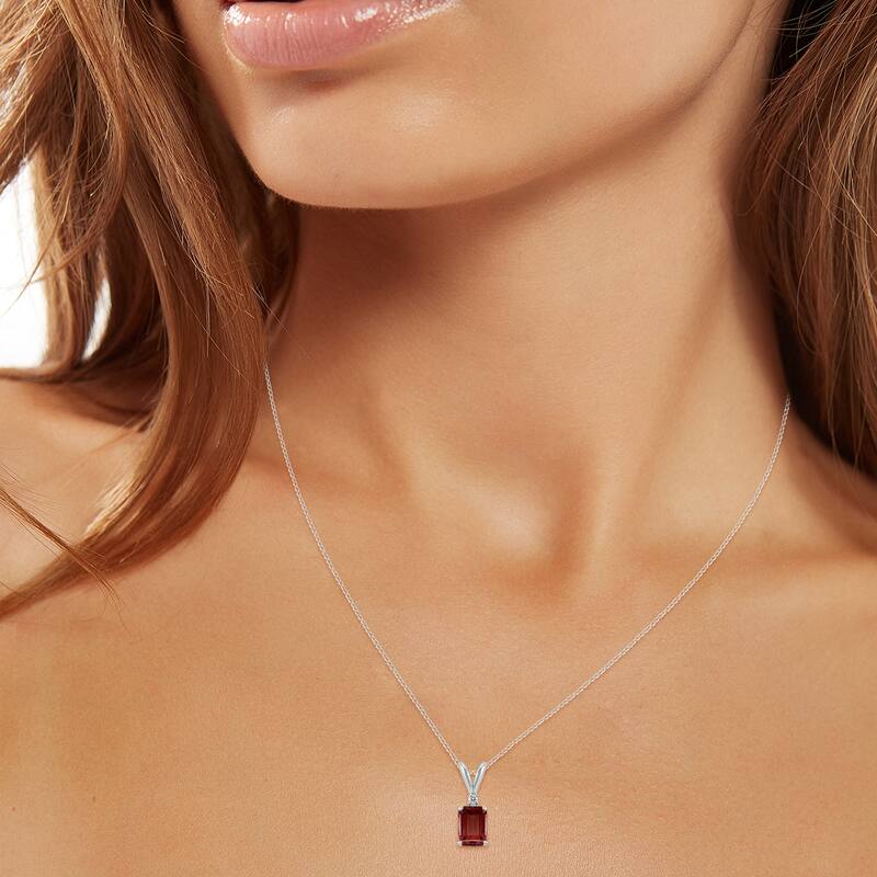 Marquee 14K White Gold 7x5MM Emerald Shaped Garnet and Diamond Pendant