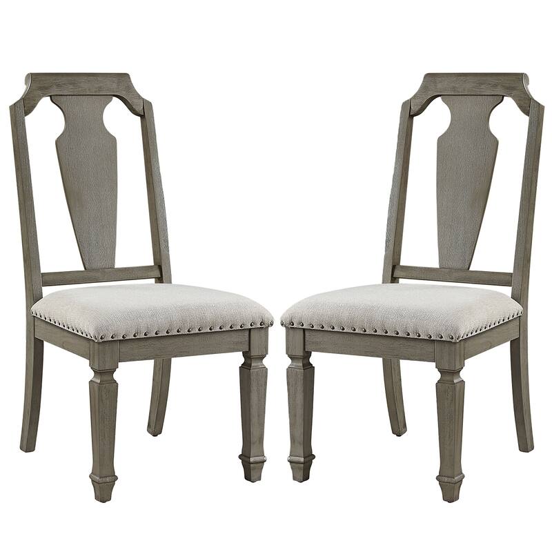 Set of 2 Side Chairs with Linen Padded Seat, Beige and Weathered Oak - Beige+Ancient Oak