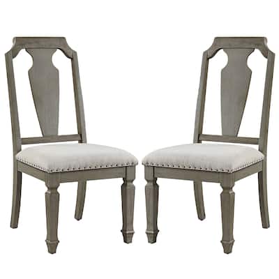 Set of 2 Side Chairs with Linen Padded Seat, Beige and Weathered Oak