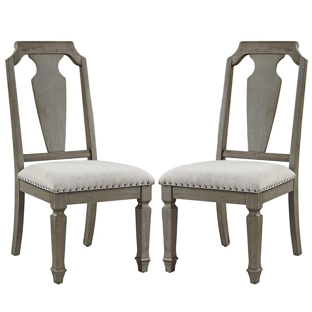 Set of 2 Side Chairs with Linen Padded Seat, Beige and Weathered Oak
