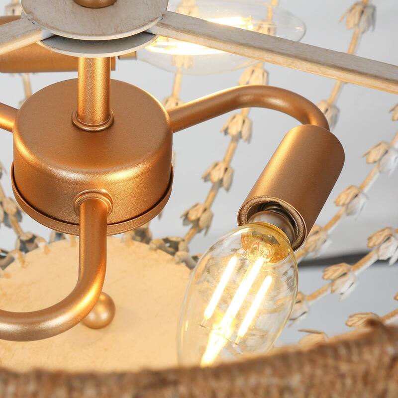 Farmhouse Boho Beaded 3-Light Chandelier Gold Semi-flush Mount Ceiling Light for Kitchen Island Living Room