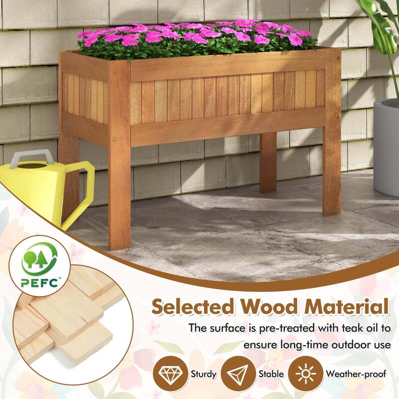 Costway Wooden Elevated Planter Box with Solid Wood Frame & Sturdy - Nature Teak Color - See Details