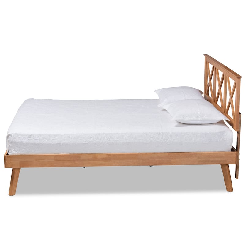 Full Size Platform Bed - Brown Wood Bed Frame with Crisscross Headboard - Modern Bedroom Furniture