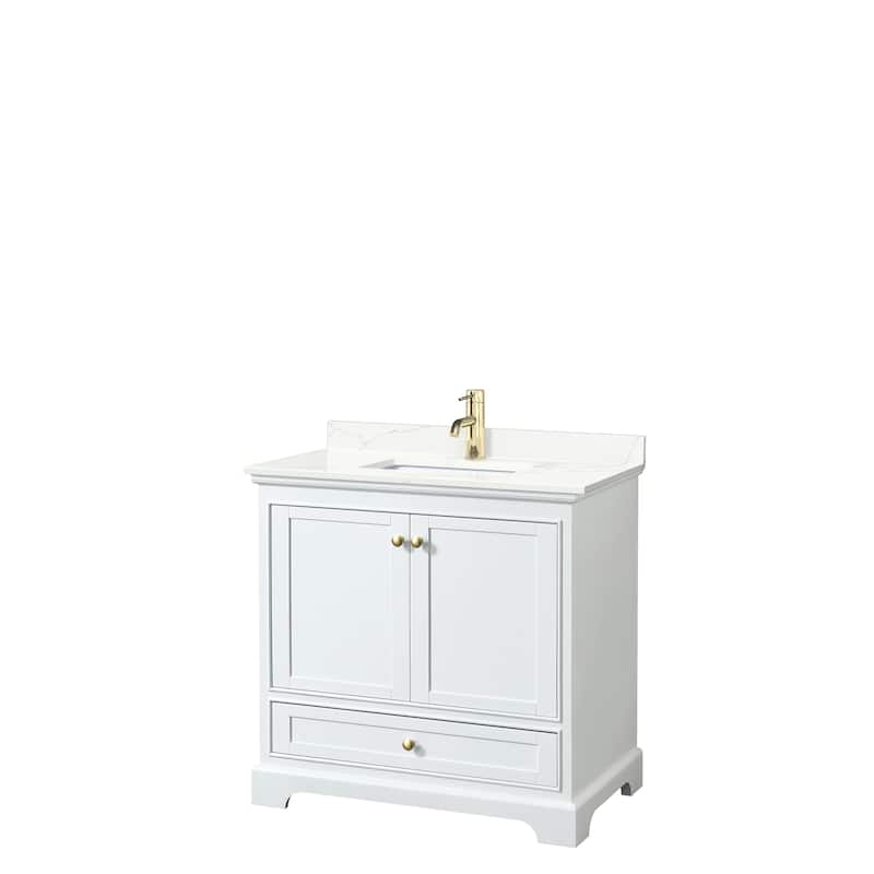 Deborah 36-inch Single Vanity, Quartz Top - White, Gold Trim, Giotto Quartz Top