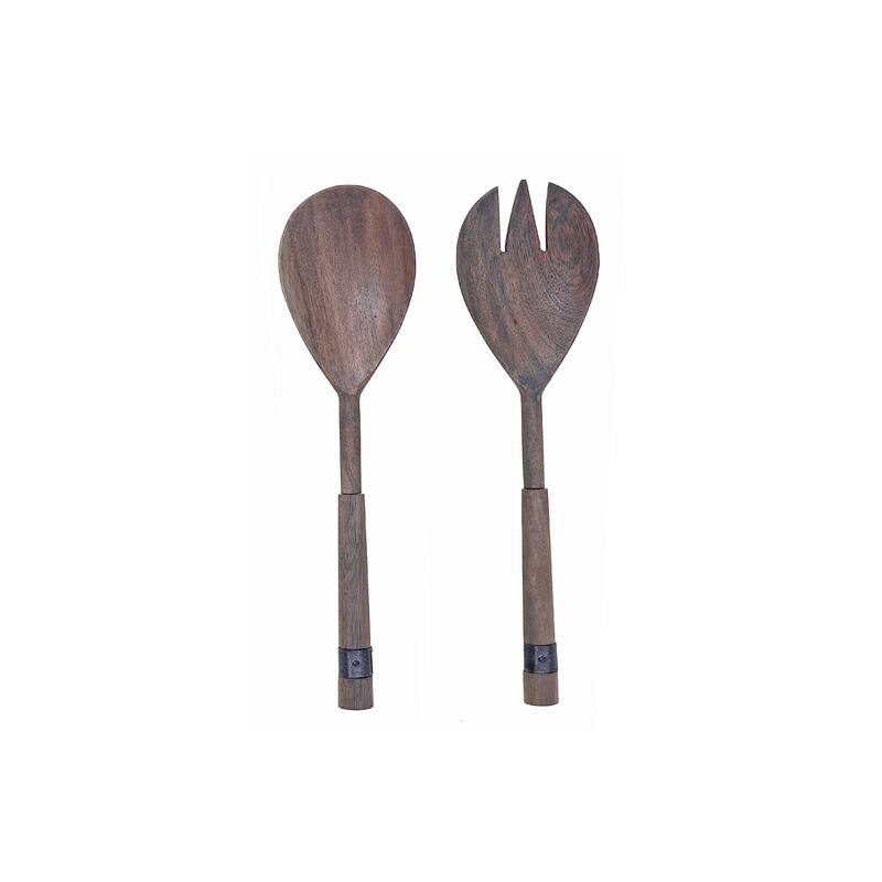IH Casa Decor Gray Acacia Wood With Riveted Gunmetal 2 Pc Salad Server Set