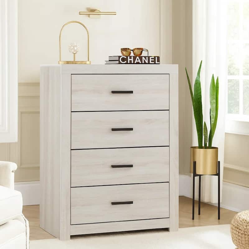 Chest with 5 Drawers and Metal Bar Pulls, White