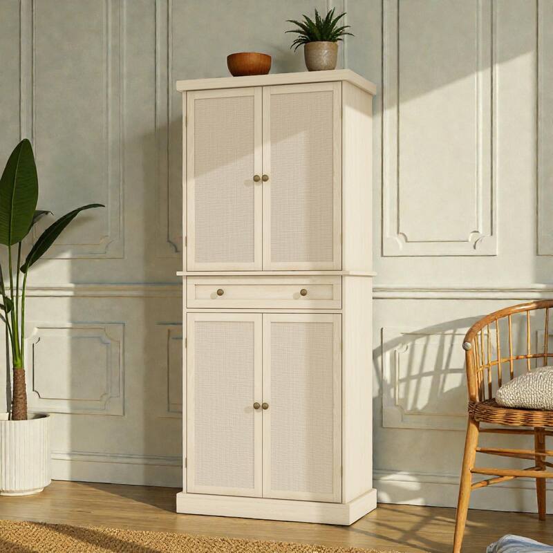4 Door Storage Cabinet with Drawer, Adjustable Shelves Rattan Accent Cabinet with Anti-Tip Design
