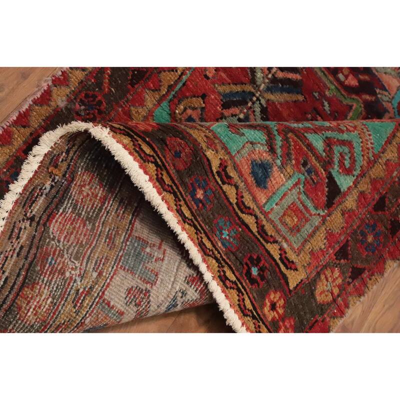 Hand Knotted Oriental 100% Wool Carpet Traditional Geometric Red Heriz Runner Rug - 10' 4'' X 3' 0''