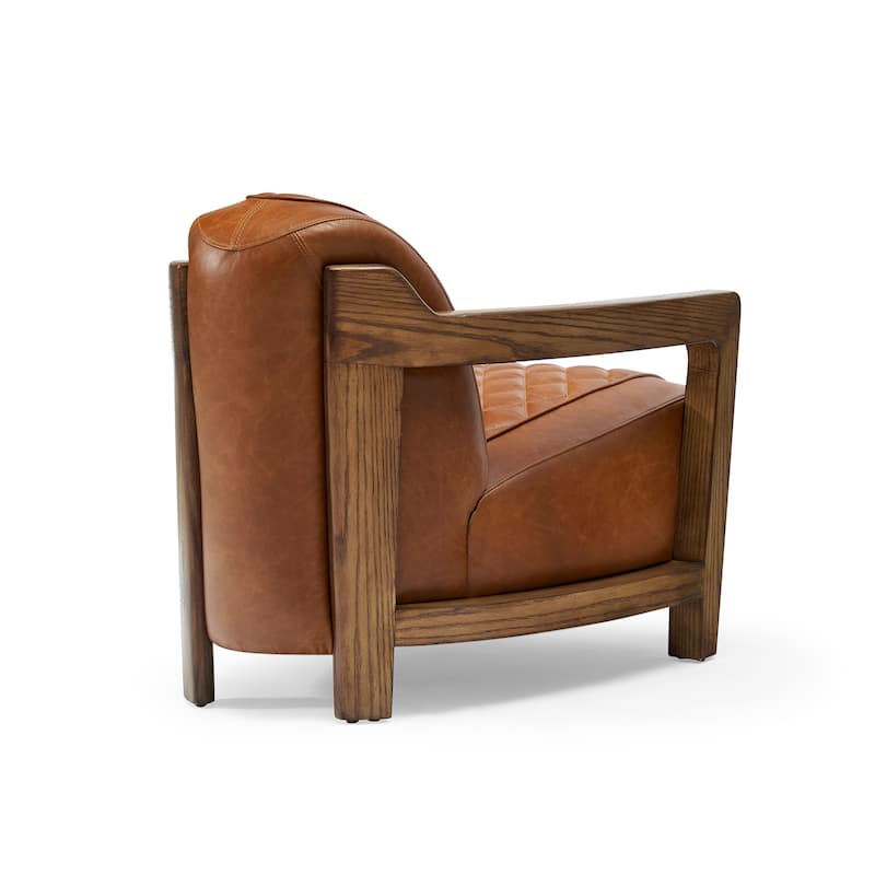 Pasargad Home Ethan Genuine Leather Armchair with Solid Wood Armrests - W28.3"xD38.5"xH27.56"