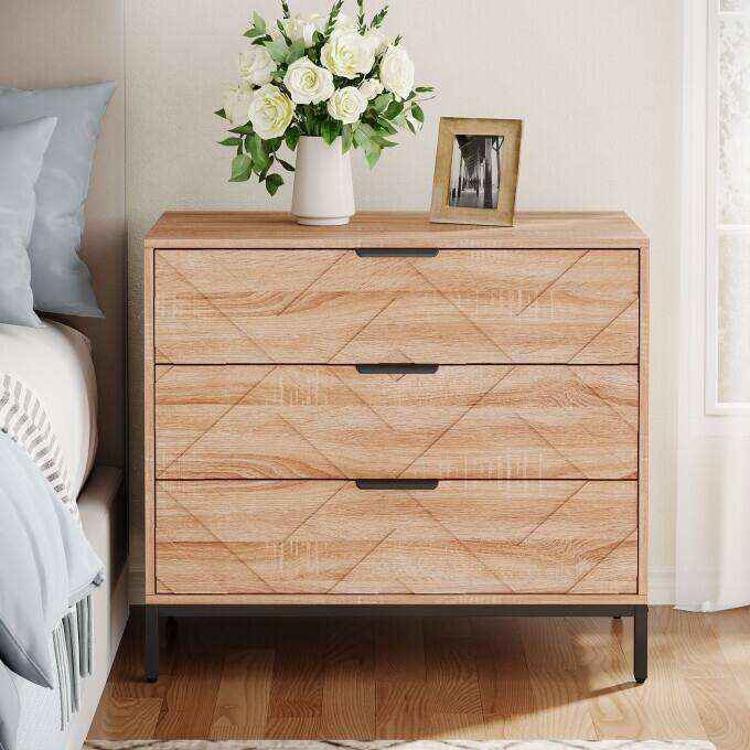 Modern Nightstand with 3 Drawers, Wooden Bed Side Table for Bedroom