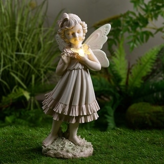 Girl Holding Butterfly Lighted Garden Statue Solar Powered LEDs