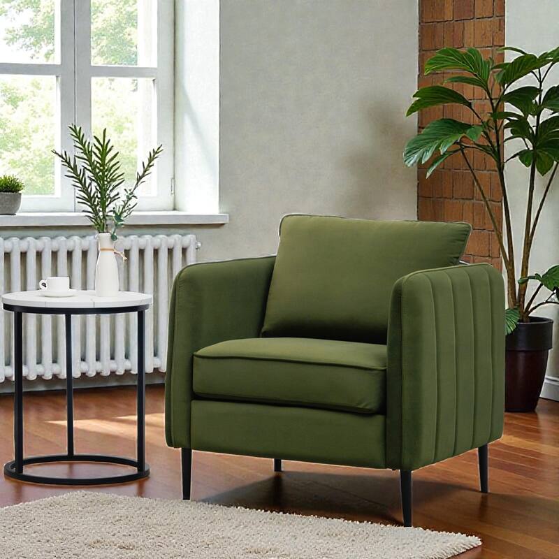 Velvet Accent Chair for Living Room, Mid Century Modern Single Sofa Chair with Pillow and Metal Legs - Green