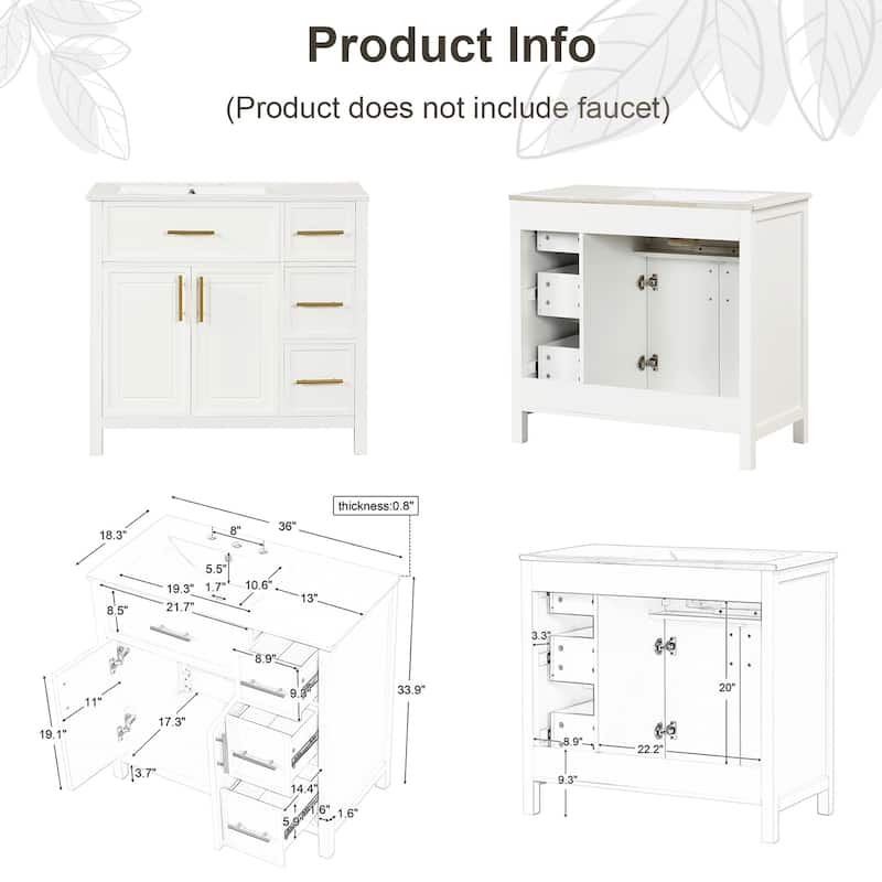 36" Bathroom Vanity with Sink Top,Solid Wood,MDF Boards