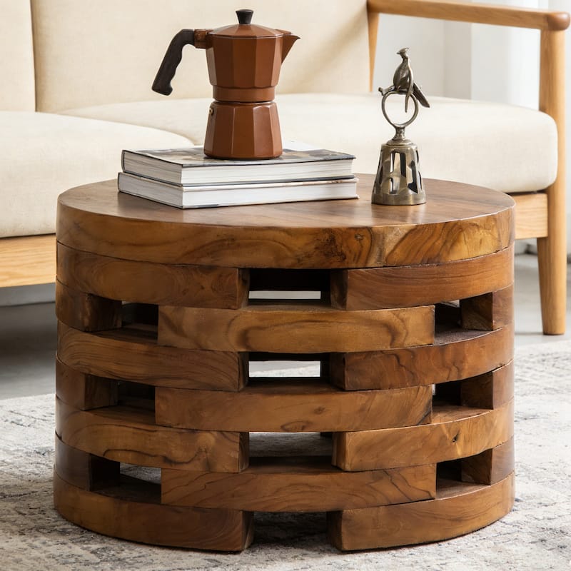 Handcrafted Brown Open Teak Wood Coffee Table Accent Side Table End Table
