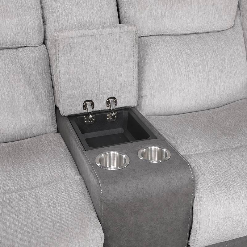 Feo Manual Reclining Loveseat w Console, White Gray Microfiber 76 Inch