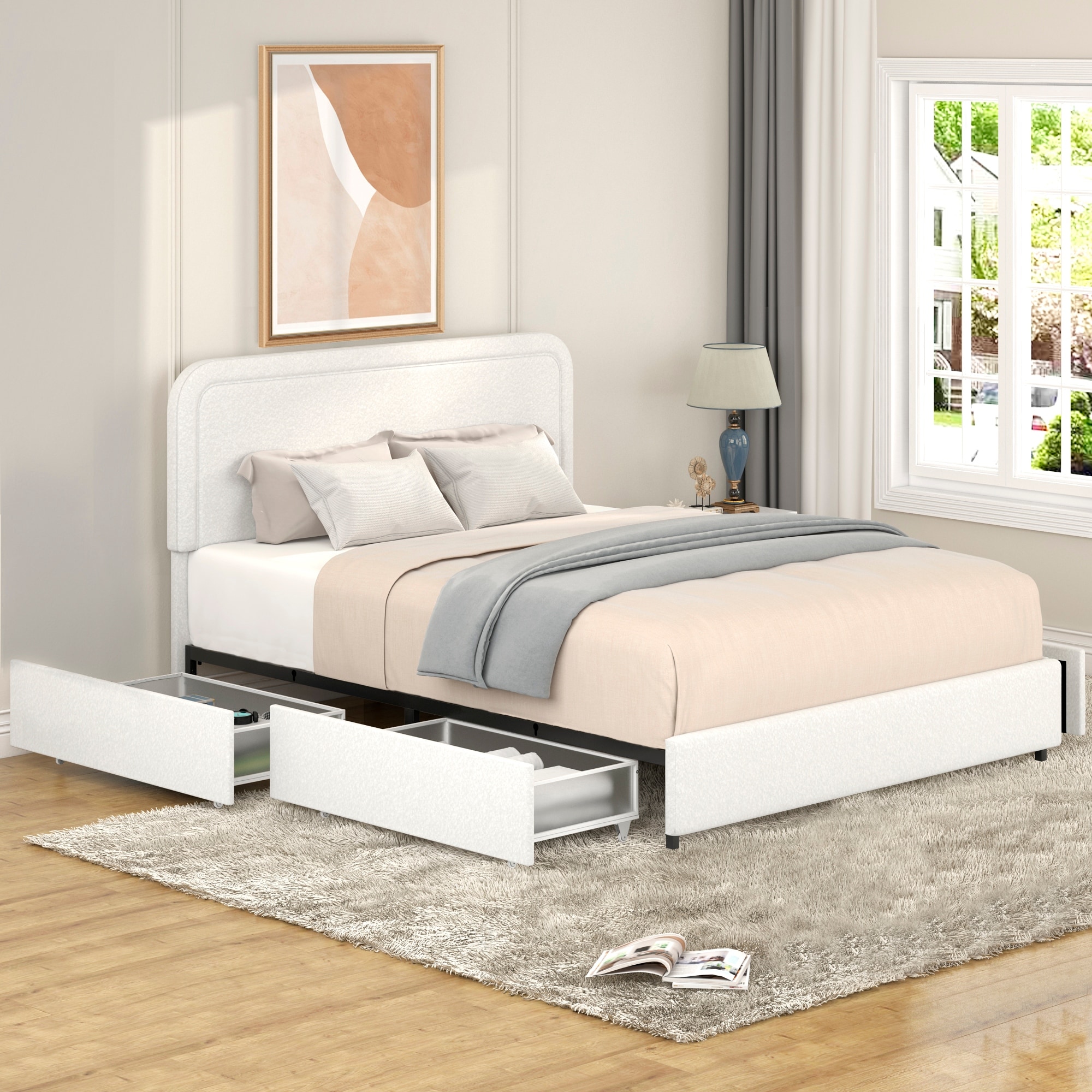 Queen Size Ivory Boucle Tufted Platform Bed with Drawers Storage