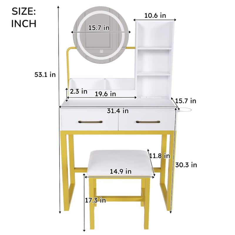 KISRAIS 31.4" Fashion Vanity Desk with Mirror and Lights, Cushioned Stool, Power Station, and Hair dryer bracket