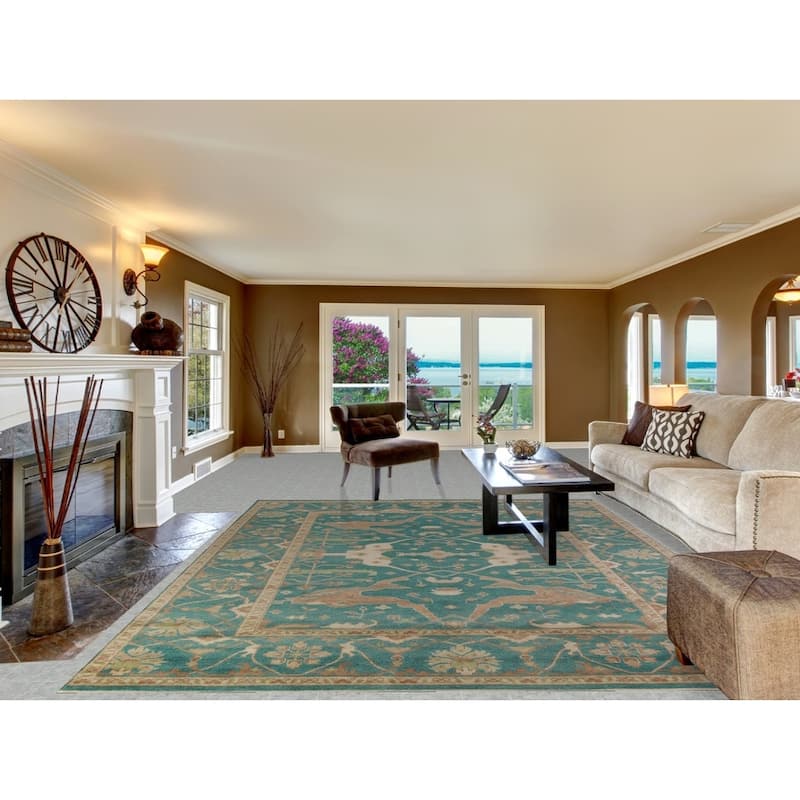 All-Over Green Oushak Indian Area Rug Floral Handmade Wool Carpet - 9'1" x 11'9"