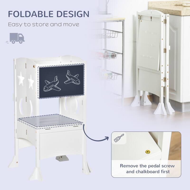 Qaba Kids Kitchen Foldable Step Stool Toddler Kitchen Stool w/ Chalkboard Lockable Handrail for 3-6 Years