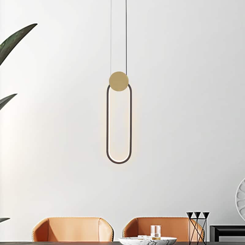 7-Watt 1-Light Black Elliptical Shade Integrated LED Pendant Light, Classic Semi Flush Mount Chandelier for Dining Room - Black and Gold