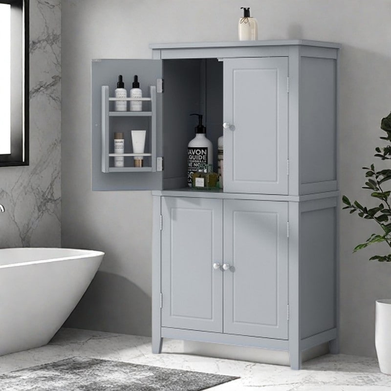Bathroom Floor Storage Cabinet with 4 Doors and Adjustable Shelves, Freestanding Tall Linen Cabinet with Enclosed Storage