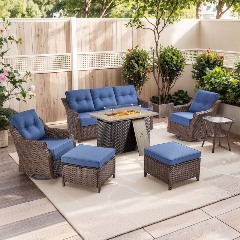 Outdoor Furniture Set with Propane Gas Fire Pit Table - Brown Wicker & Blue Cushion - 7-Piece Sofa Chair with Rectangle Fire Table