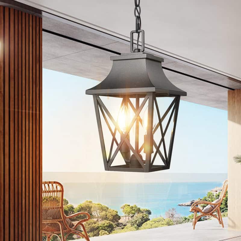 Black Farmhouse Outdoor Pendant Light - Modern Rectangular Porch Lantern with Clear Glass (1-Pack)