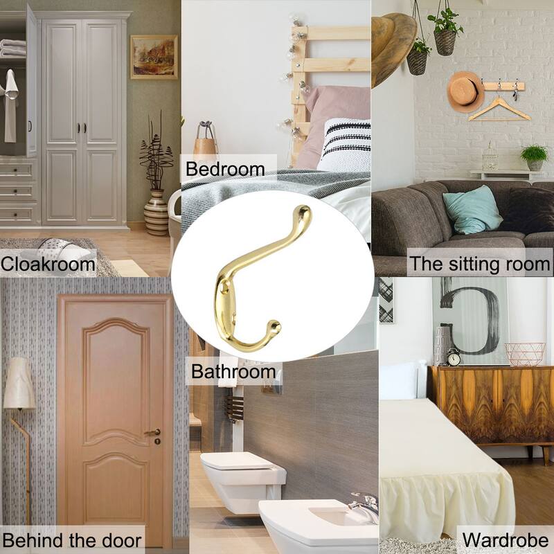 4pcs Dual Robe Hooks Stainless Steel Bathroom DIY Hanger w Screws - Gold Tone - 3.19” x 0.71” x 2.13”(L*W*H)
