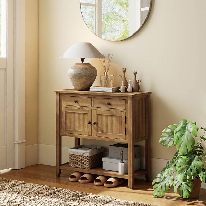 Costway Mid-Century Console Table with 2 Drawers, 2 Cabinets & Bottom - See Details